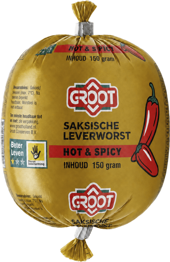 Foto van Die 5 Groot Leverworst saksisch hot & spicy op witte achtergrond