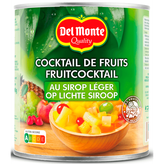 Foto van Del Monte Fruitcocktail op lichte siroop op witte achtergrond