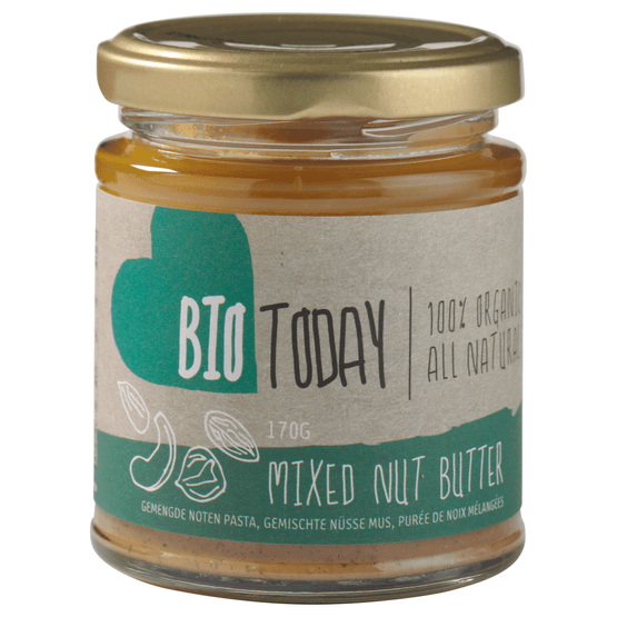 Foto van BioToday Gemengde notenpasta op witte achtergrond