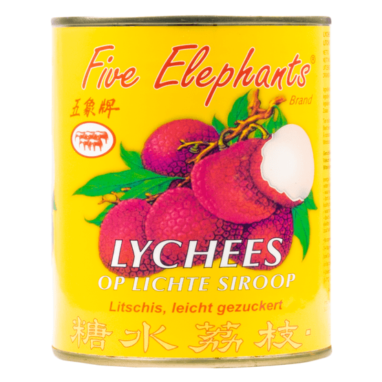 Foto van Five Elephants Lychees op lichte siroop op witte achtergrond