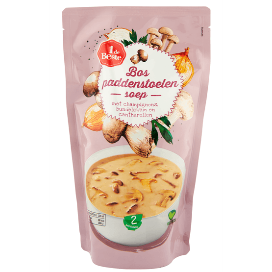Foto van 1 de Beste Soep in zak bospaddenstoelen op witte achtergrond