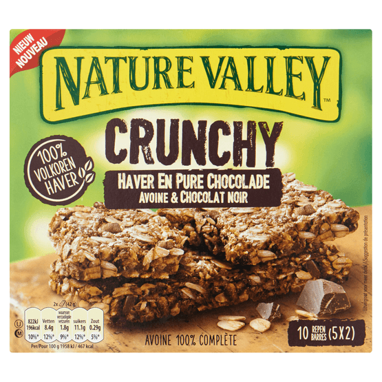 Foto van Nature Valley Crunchy haver en pure chocolade 5 stuks op witte achtergrond
