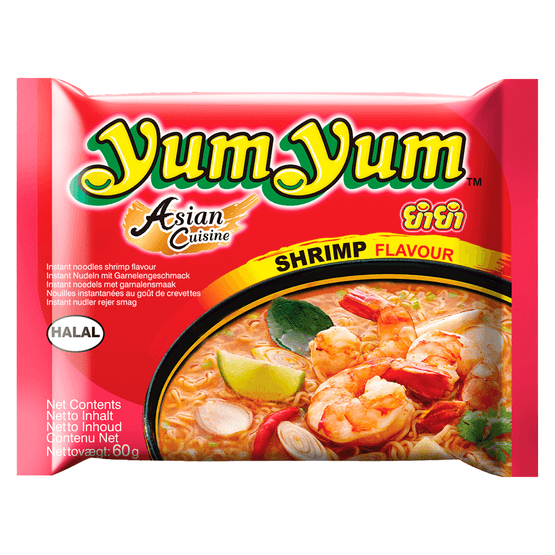 Foto van Yum Yum Noodles garnalen op witte achtergrond