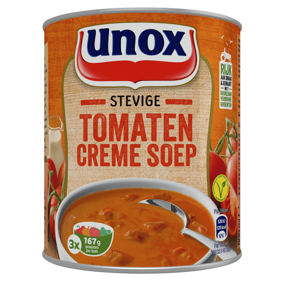 Foto van Unox Stevige tomaten cremesoep op witte achtergrond
