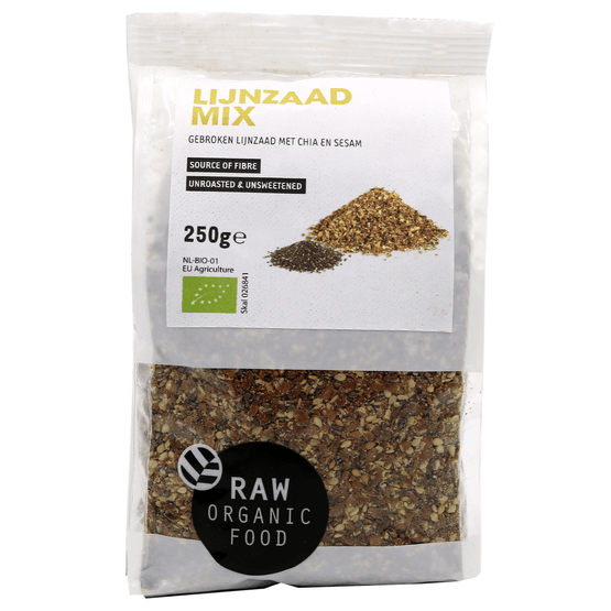 Foto van Raw Organic Food Lijnzaadmix goji op witte achtergrond