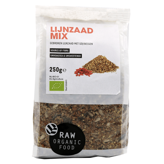 Foto van RAW Organic Food Lijnzaadmix chia sesam op witte achtergrond