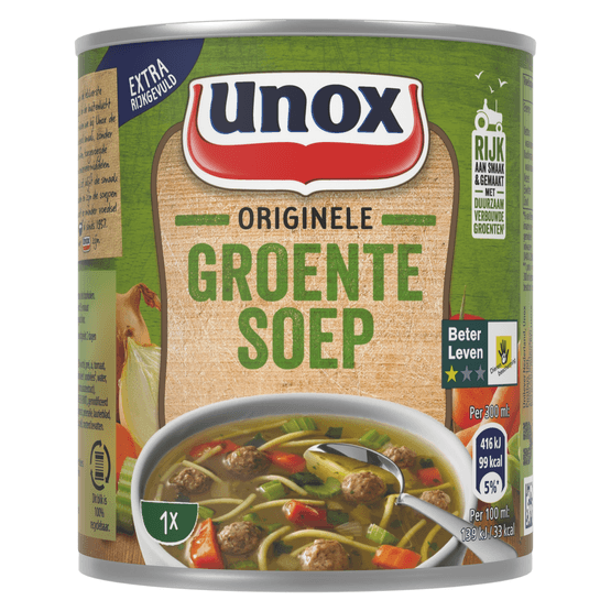 Foto van Unox Originele groentesoep op witte achtergrond