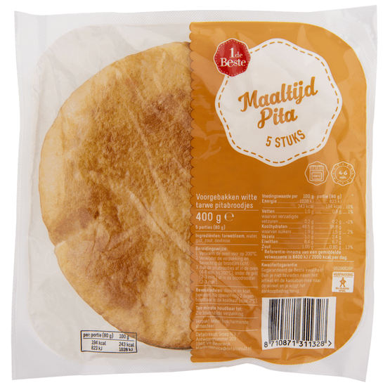 Foto van 1 de Beste Maaltijdpita 5 stuks op witte achtergrond