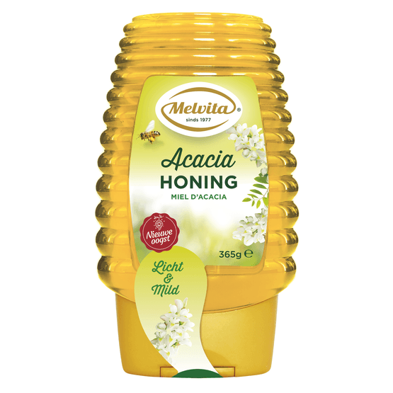Foto van Melvita Acaciahoning knijpfles op witte achtergrond