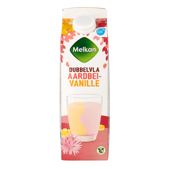 Foto van Melkan Dubbelvla vanille-aardbei op witte achtergrond