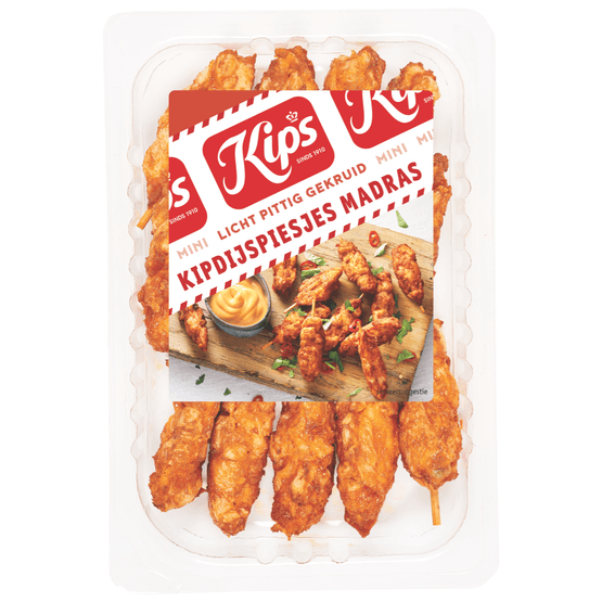 Foto van Kips Mini kipdijspiesjes madras op witte achtergrond