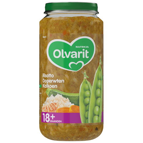 Foto van Olvarit 18+ Maanden Risotto Doperwten Kalkoen op witte achtergrond