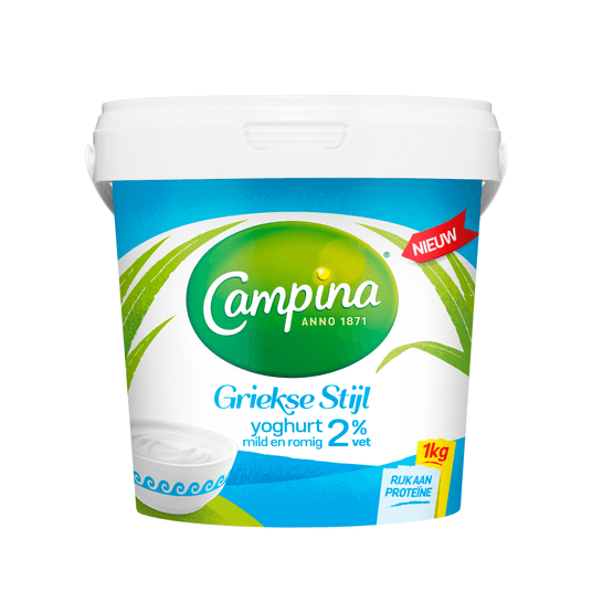 Foto van Campina Yoghurt griekse stijl 2% vet op witte achtergrond