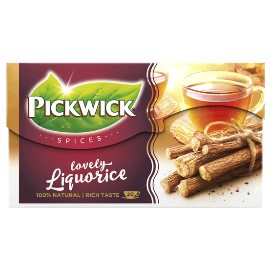Foto van Pickwick Spices zoethout zwarte thee op witte achtergrond