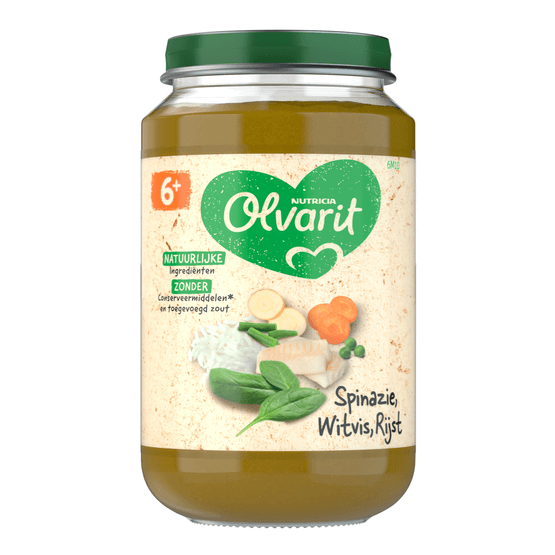 Foto van Olvarit 6+ Maanden Spinazie Witvis Rijst op witte achtergrond