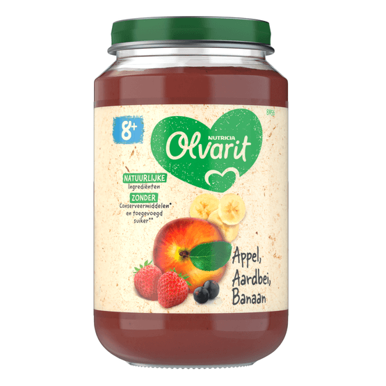 Foto van Olvarit 8+ Maanden Appel Aardbei Banaan op witte achtergrond
