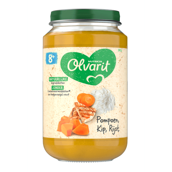 Foto van Olvarit 8+ Maanden Pompoen Kip Rijst op witte achtergrond