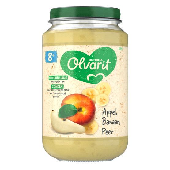 Foto van Olvarit 8+ Maanden Appel Banaan Peer op witte achtergrond