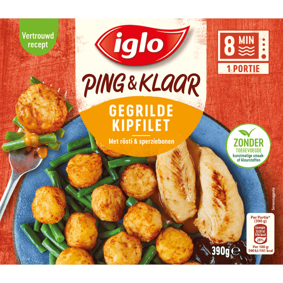 Foto van Iglo Gegrilde kipfilet ping & klaar met rosti en sperziebonen op witte achtergrond