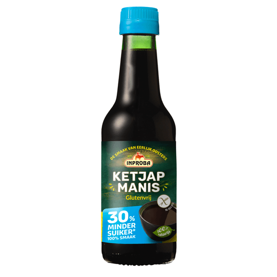 Foto van Inproba Ketjap manis 30% minder suiker op witte achtergrond