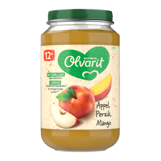 Foto van Olvarit 12+ Maanden Appel Perzik Mango op witte achtergrond