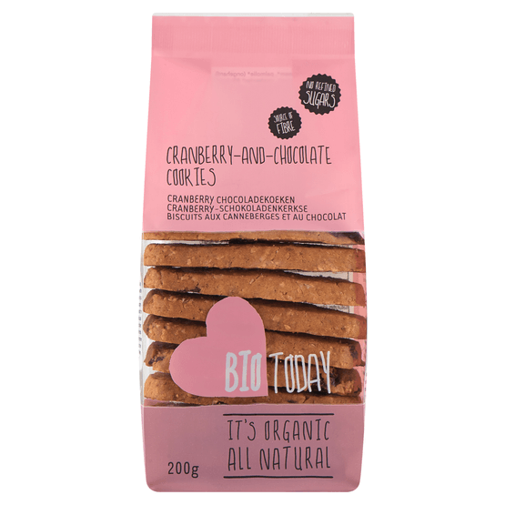 Foto van BioToday Cranberry chocoladekoeken op witte achtergrond