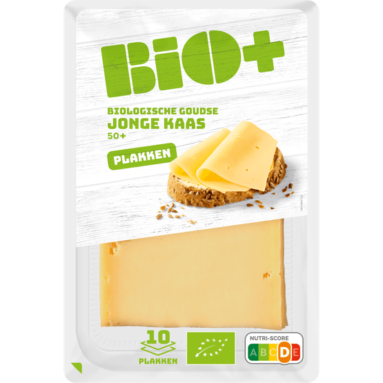 Foto van Bio+ Biologische goudse jonge kaas plakken 50+ op witte achtergrond