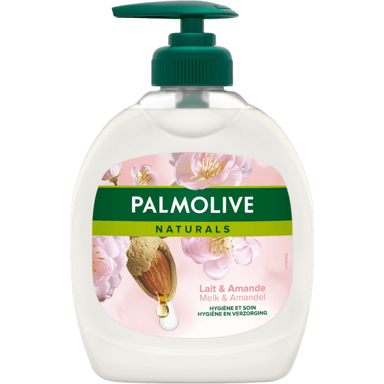 Foto van Palmolive Vloeibare zeep amandel op witte achtergrond