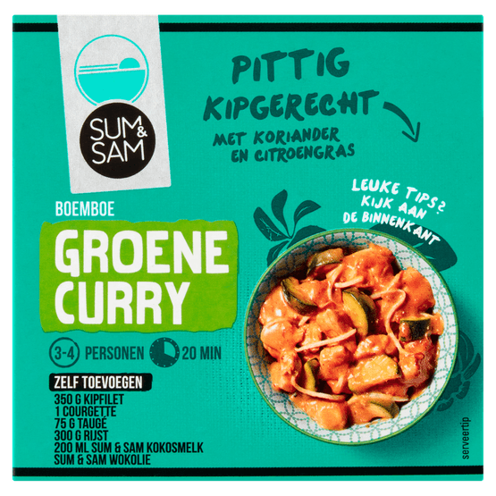 Foto van Sum & Sam Boemboe groene curry op witte achtergrond