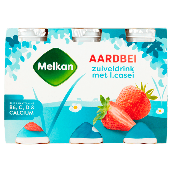 Foto van Melkan Zuiveldrink aardbei op witte achtergrond