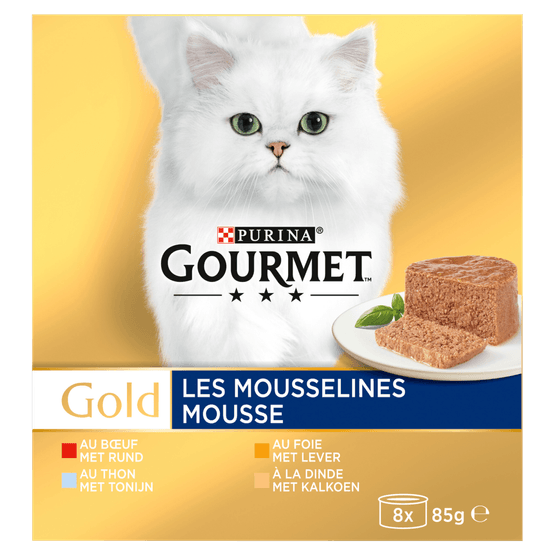 Foto van Gourmet Gold mousse tonijn-lever-kalkoen-rund 8 stuks op witte achtergrond