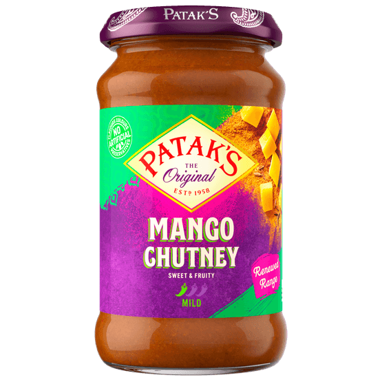 Foto van Patak's Mangochutney sweet op witte achtergrond
