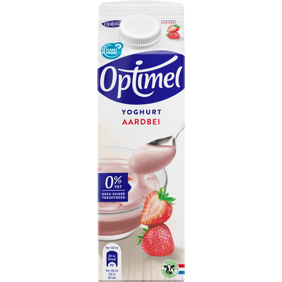 Foto van Optimel Yoghurt aardbei 0% vet op witte achtergrond
