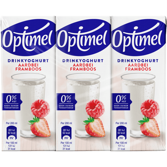 Foto van Optimel Drinkyoghurt aardbei framboos op witte achtergrond