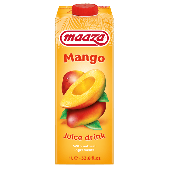 Foto van Maaza Mango juice drink op witte achtergrond