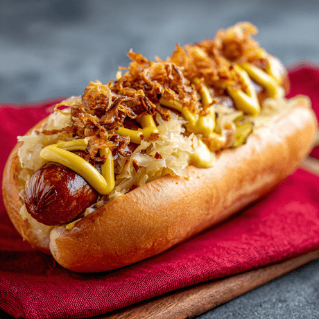 Hotdog met zuurkool en gebakken uitjes