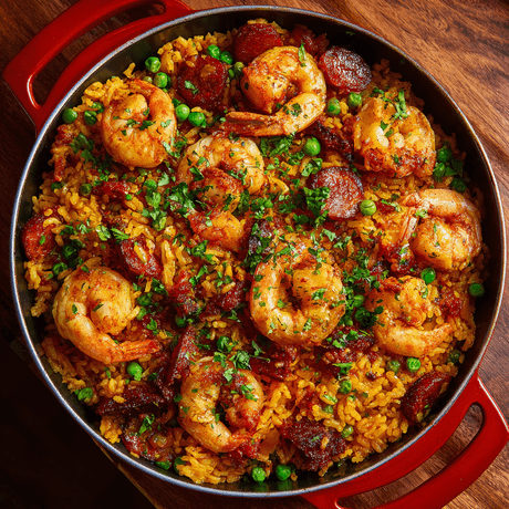 Paella met garnalen en chorizo