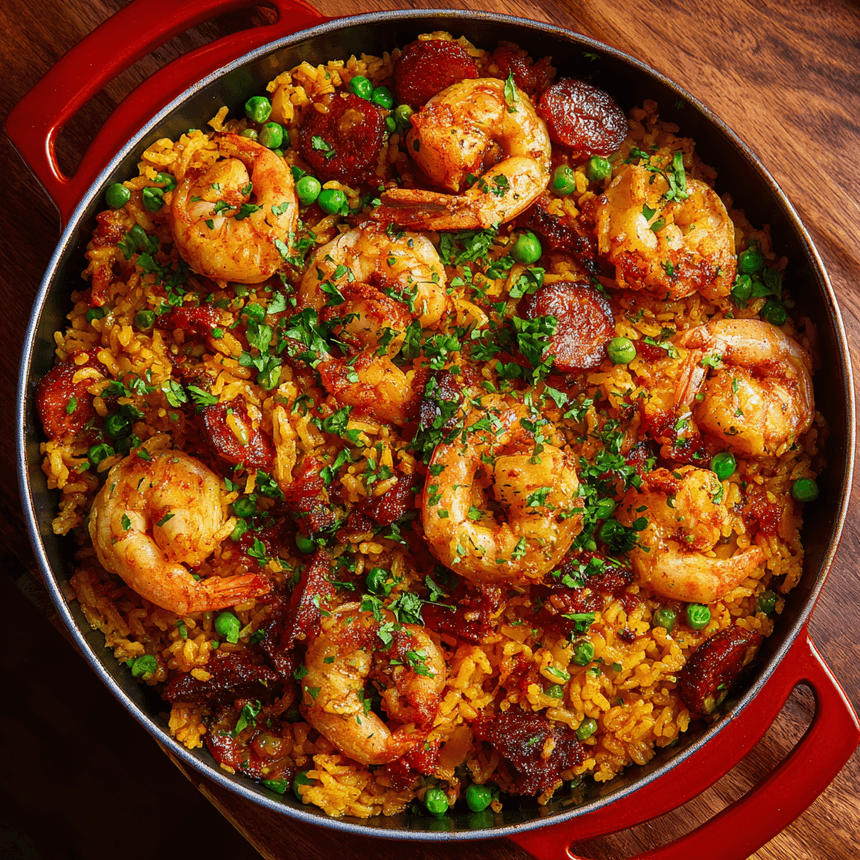 Paella met garnalen en chorizo