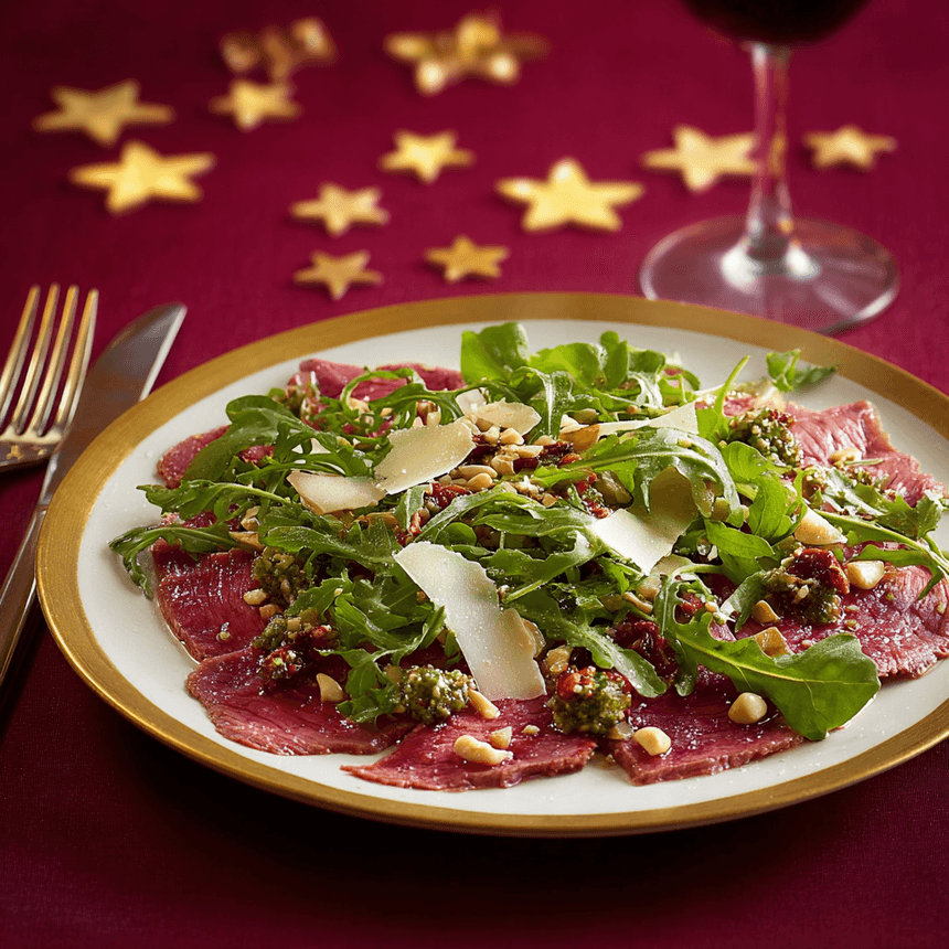 Carpaccio met rucola en pijnboompitten